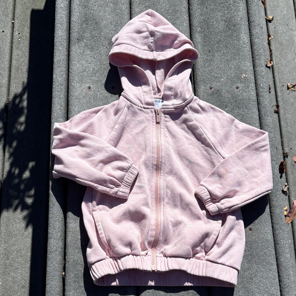 Old Navy Girls Light Pink Zip-Up Hoodie, White Hearts, Pockets, Spring, Size 5T